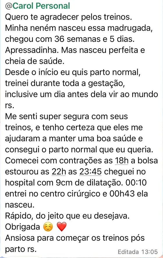 Mensagem de aluna contando sobre o parto normal com 36 semanas